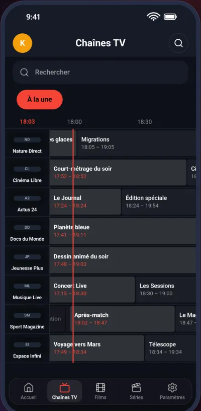 Guide des programmes en grille sur téléphone
