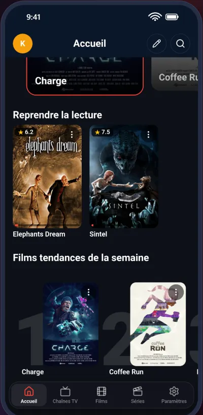 Rangée «&nbsp;Reprendre la lecture&nbsp;» avec les films en cours